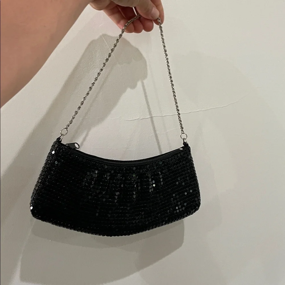 Y2K Vintage Black Metal Mesh Evening Bag Purse Clutch with Silver Chain